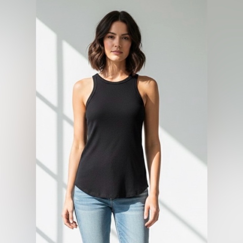 LNA by Revolve black ribbed tank top, deep cut shoulders, oval hem, size  XS